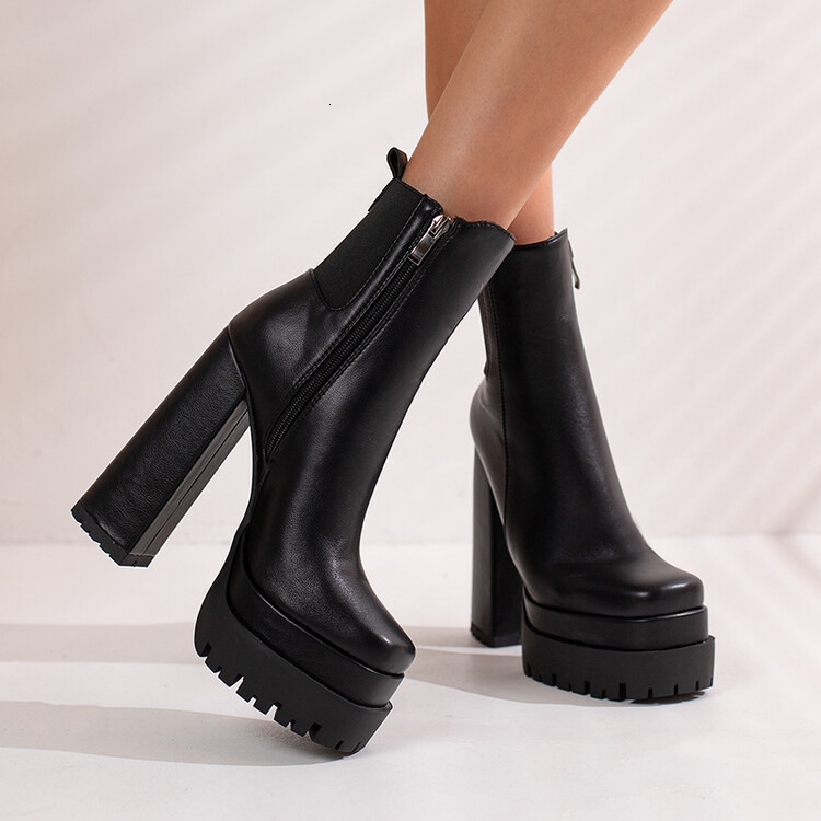 Autumn and winter new European and American style double-layer water table back elastic side zipper square toe high thick heel women's short boot