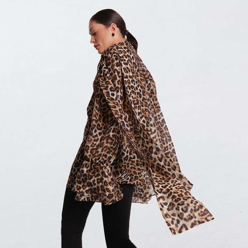 Autumn Winter New Loose Ruffled Tie Leopard Print Chiffon Blouse Design Sense Elegant Fashion Commuting B3