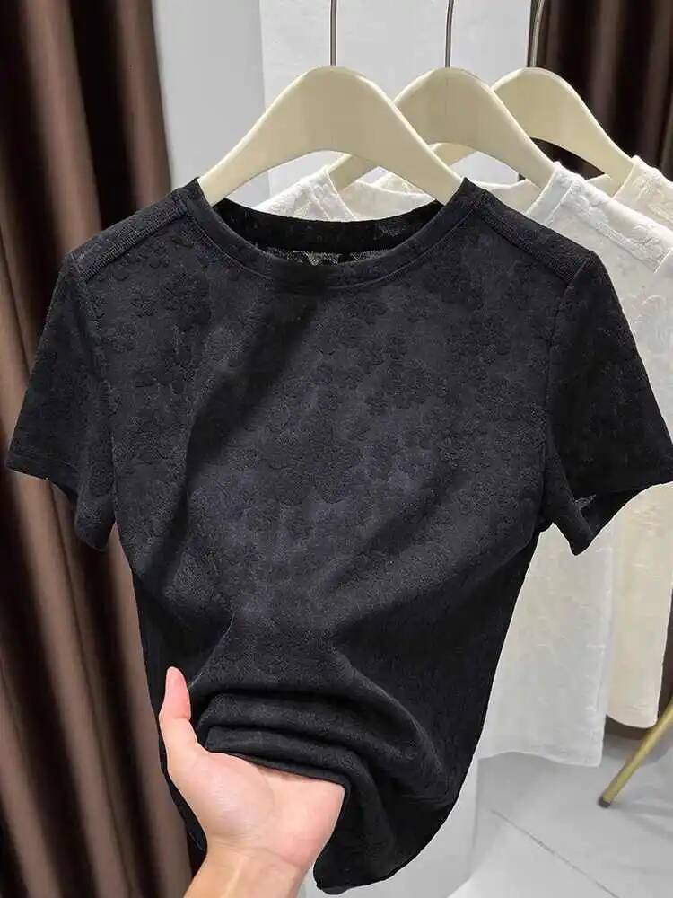 2025 Summer New Women's Mesh design Jacquard T-shirt Solid Color Round Neck Short Sleeve Thin Top Korean Elegant Women's Designer Fashion T-