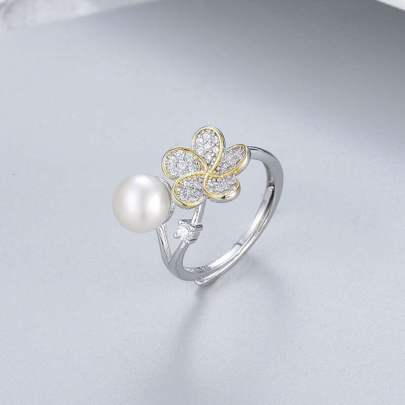 DHpet New European - American Style Color - Separated Flower Pearl Ring - S925 Silver Adjustable Ring