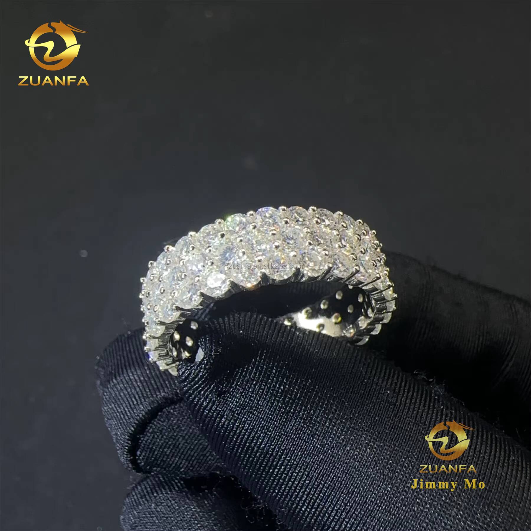 New Design 3Rows Stone Rhodium Plating S925 Silver Elegant Style Luxury Jewelry Moissanite Diamond Eternity Band Ring Women