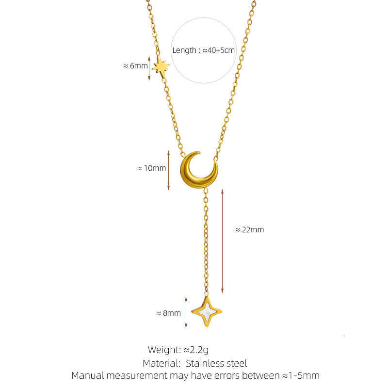 DHpet Minimalist Moon Tassel Necklace Stainless Steel Eight-Pointed Star Collarbone Chain Vacuum Electroplated Gold Color Retention