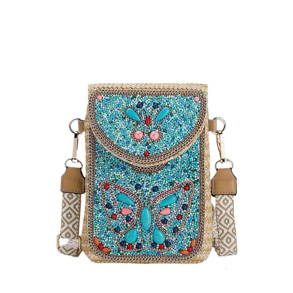 High-End Straw Crossbody 2024 New Fashion Beaded Woven Women's Shoulder Phone Bag