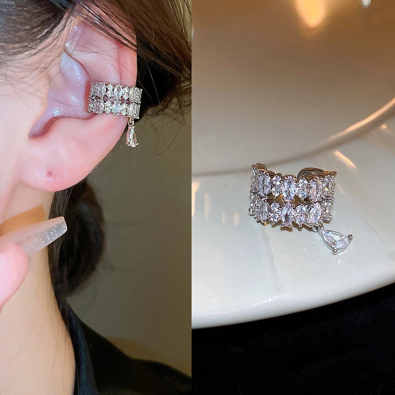 Big Double Layer CShaped Crystal Zircon Cuff Earrings Rhinestone No Piercing Water Droplet Clip Earring Simple Ear Clip 250906