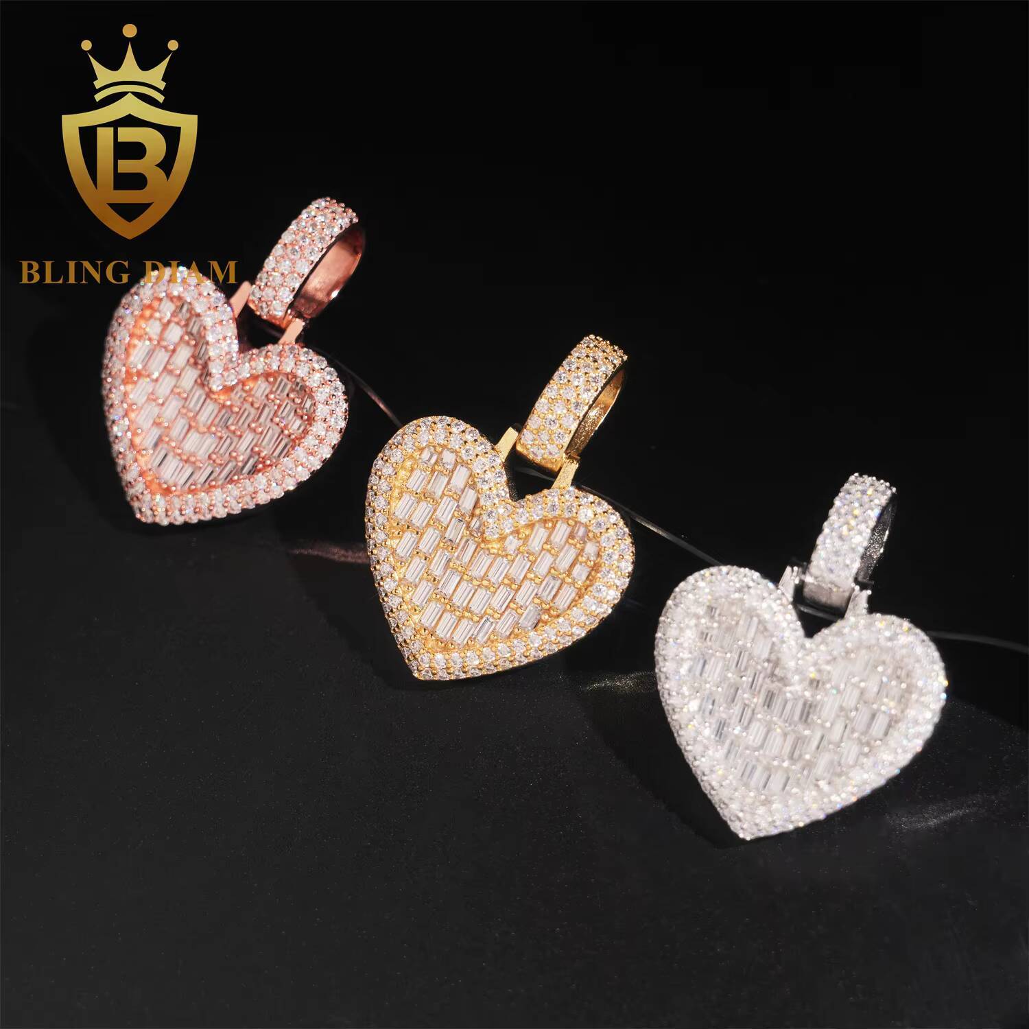 Iced Out Baguette Cut Heart Pendant Hip Hop Jewelry 925 Silver Moissanite Pendant Pass Diamond Tester