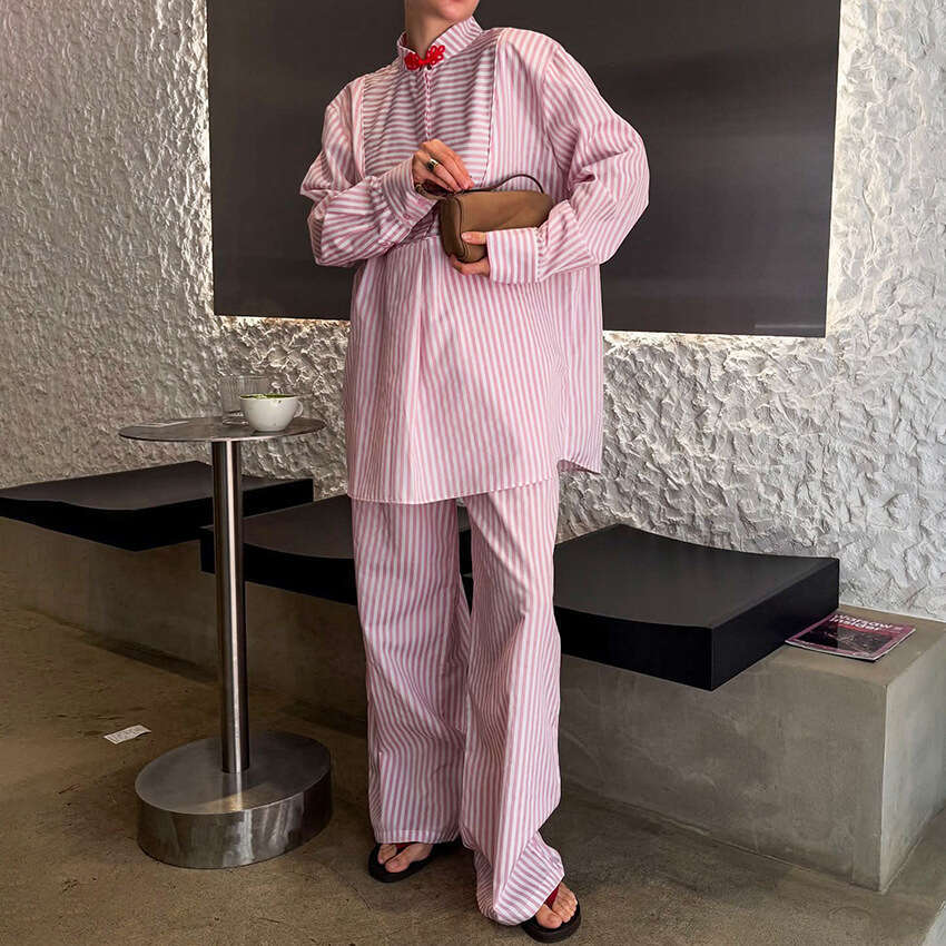 Autumn Winter New Chinese Style Button Pink Striped Sleeve Long Pants Set For Women With Design Sense And Fashionable Temperament B5