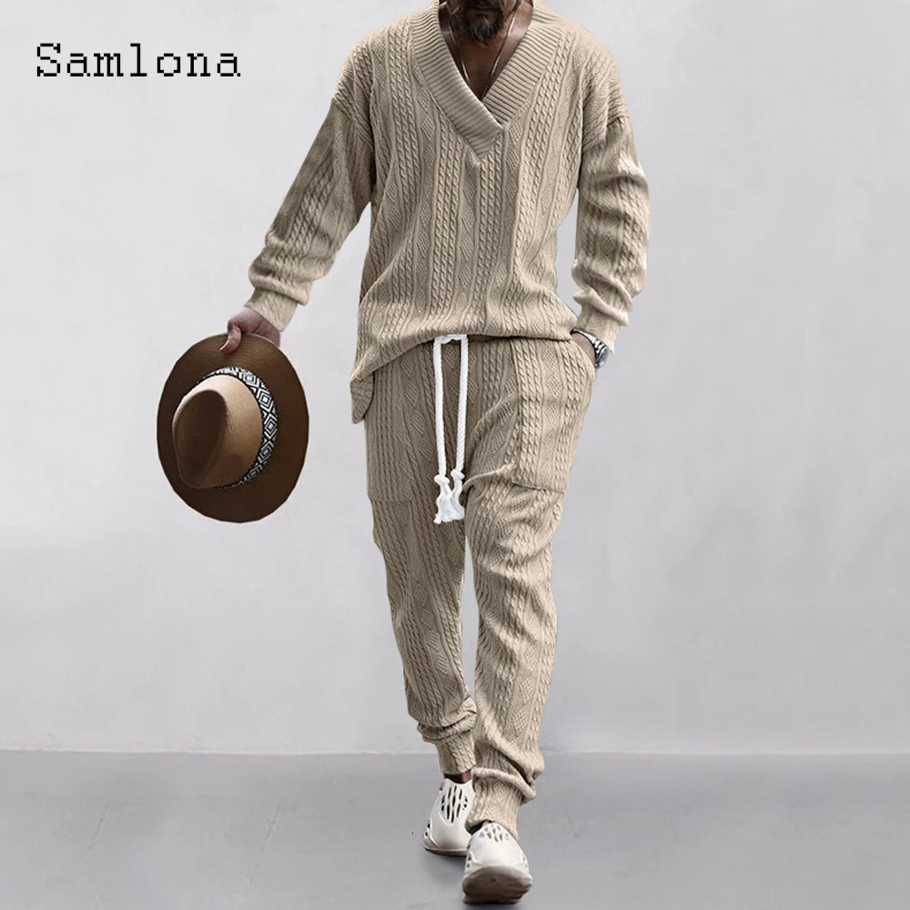 Mens Casual Knitting Two Piece Sets Winter Fashion Irregular Top Sweater and Solid White Sweatpants Male Tracksuits Set 250906