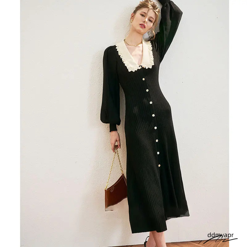 Vintage Knitted Long Sleeve From Korea Elegant Autumn/Winter Sweet Peter Pan Ddmydec Collar A-Line Womens Button Black Midi Dress Fashionable 241125 D