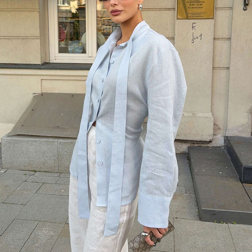 Autumn Winter New Lace-Up Waist-Cinching Cotton Linen Ribbon Shirt Women With Design Sense, Elegant And Fashionable For Commuting B3