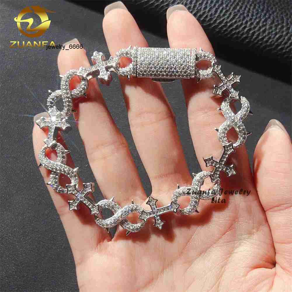 New Fashion Hip Hop Style 13MM 925 Sterling Silver Infinity Mixed Cross Iced Out Moissanite Bracelet