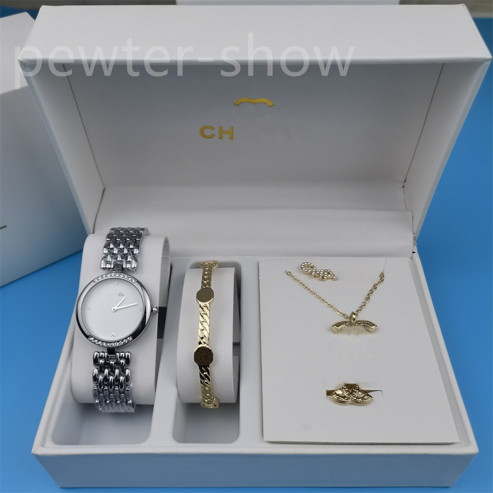 Fashion Women Watches Ladies Black White Leather Metal Quartz Watches Womans Necklace Earrings Bracelet Wrist Watch Luxury Designer Gift Jewelry Box 6PCS Set