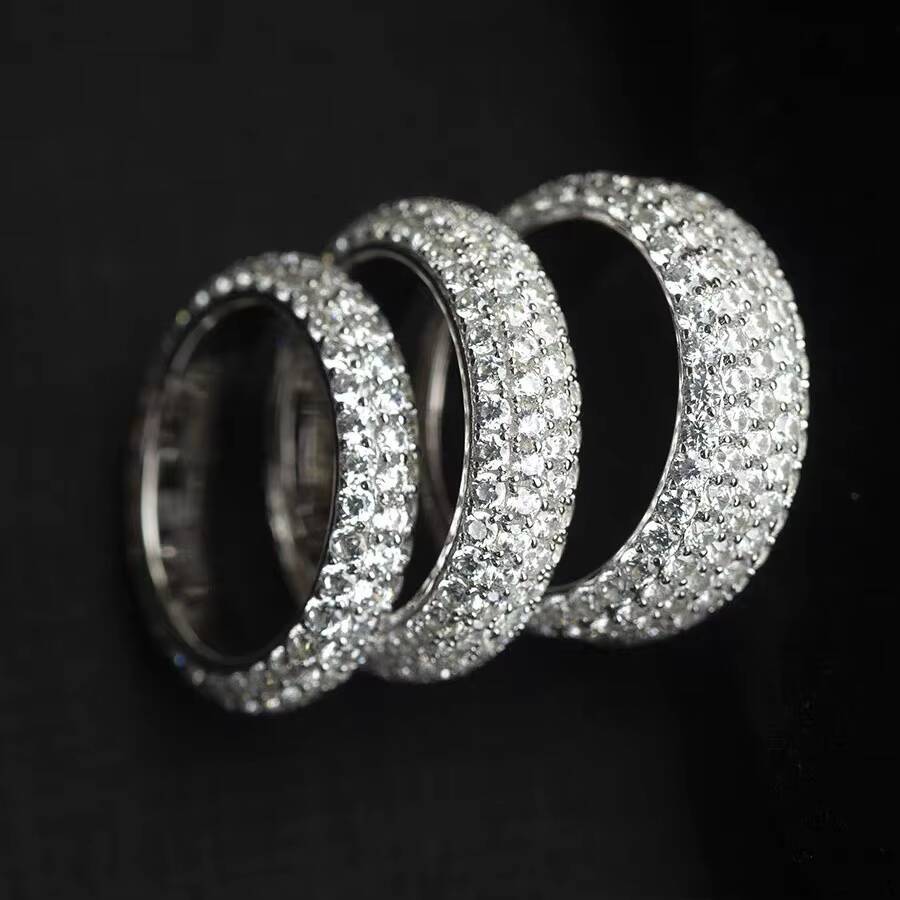 Fashion Solid 925 Sterling Silver 3/4/5 Rows Diamond Moissanite Iced Out Mens Rings Silver Hip Hop Jewelry