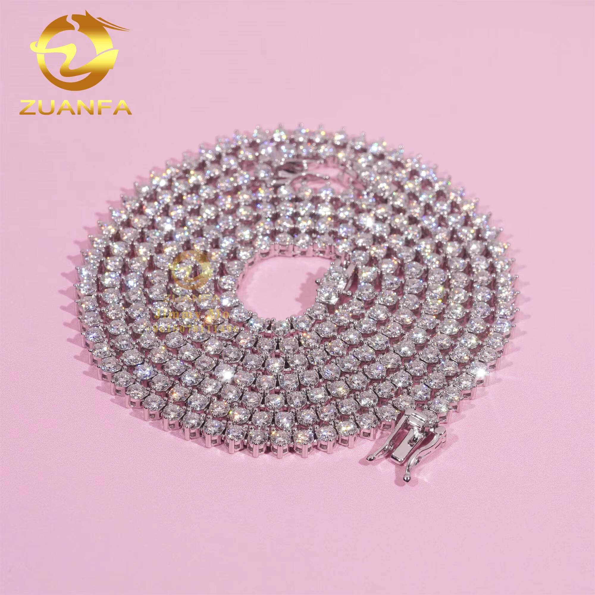 Stock Elegant Style Female 3 Claws Prong Setting 925 Sterling Silver Hip Hop Jewelry Moissanite VVS Diamond Cluster Tennis Chain