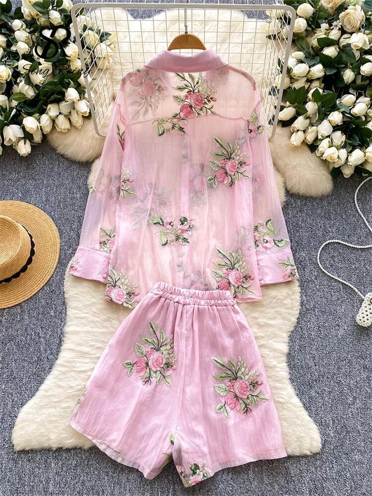 2025 New High Quality Embroidery Fashion Set Women's Round Neck Long Sleeve Transparent Shirt Elastic Flower design Loose Beach Shorts Designer S