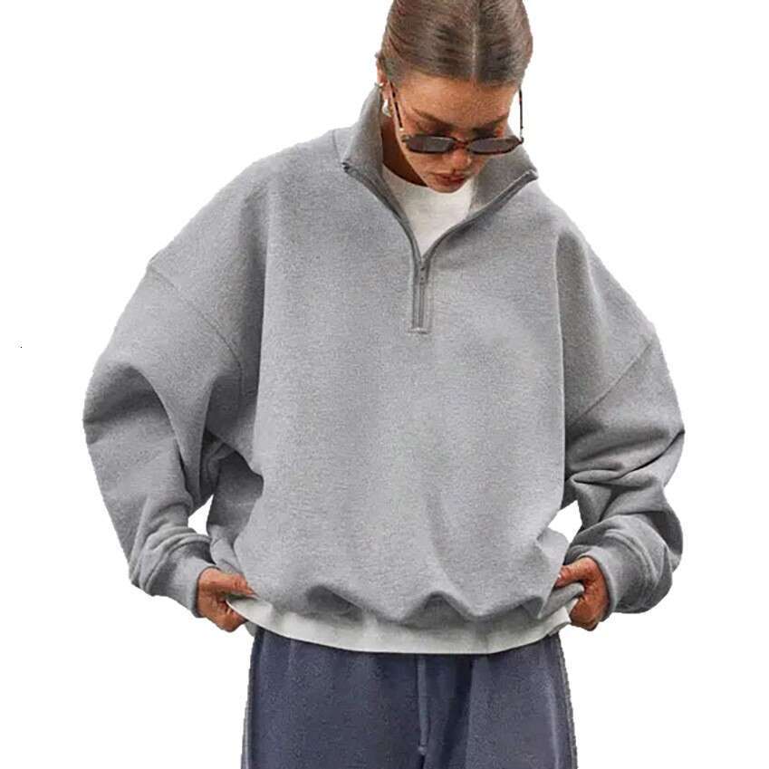 Autumn Winter New Loose Zipper Stand Collar Long Sleeve Gray Sweatshirt Women With Design Sense And Casual Style For Commuting In B5
