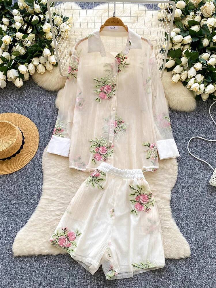 2025 New High Quality Embroidery Fashion Set Women's Round Neck Long Sleeve Transparent Shirt Elastic Flower design Loose Beach Shorts Designer S