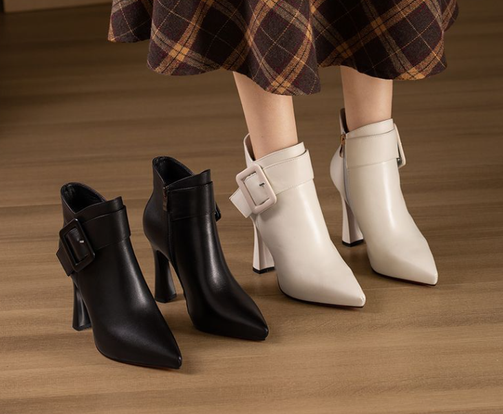 Womens Elegant High Heels Ankle Boots Spring Belt Buckle Pu Leather Short Boots Woman Plus Size 43 Thin Heeled Party Shoes 250703