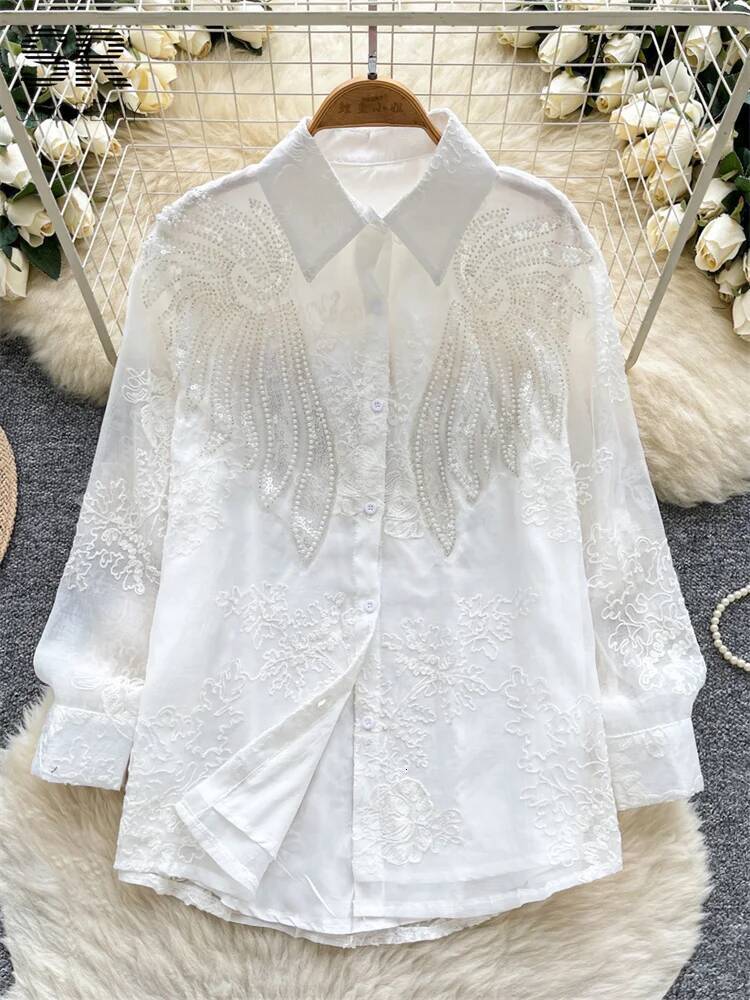 2025 new luxury sequin embroidered shirt autumn women's design bead design long sleeved single breasted French women's designer loose shirt