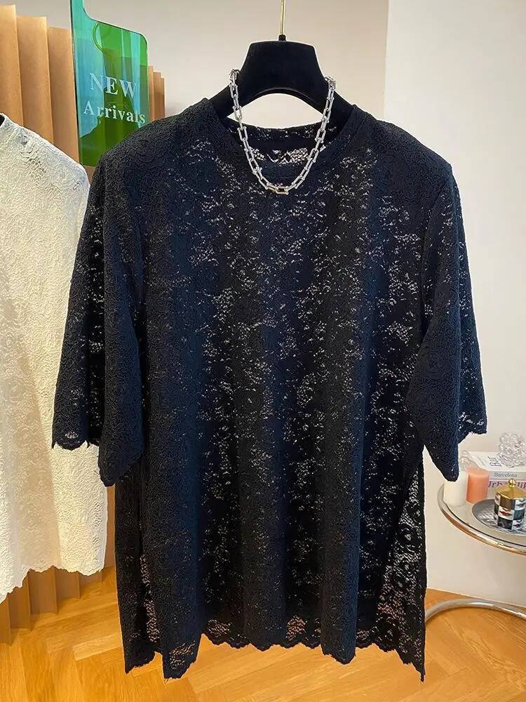 2025 New Women's Lace T-shirt Spring/Summer Solid Color Korean Fashion Elegant Designer Simple design Loose Tank Top