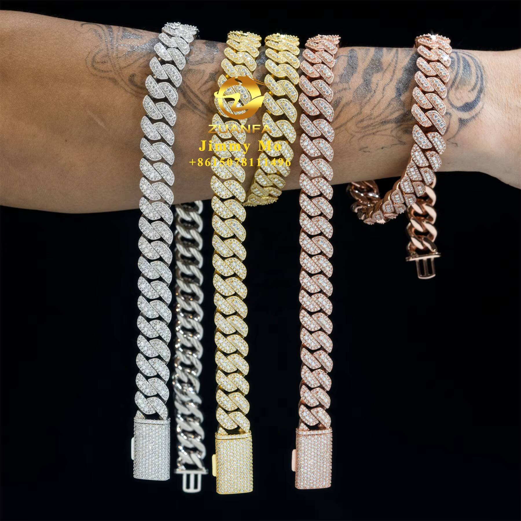 Bulk Stock Popular Pass Diamond Tester 925 Solid Silver 15mm Two Rows Iced Out Hip Hop VVS1 Moissanite Diamond Cuban Link Chain