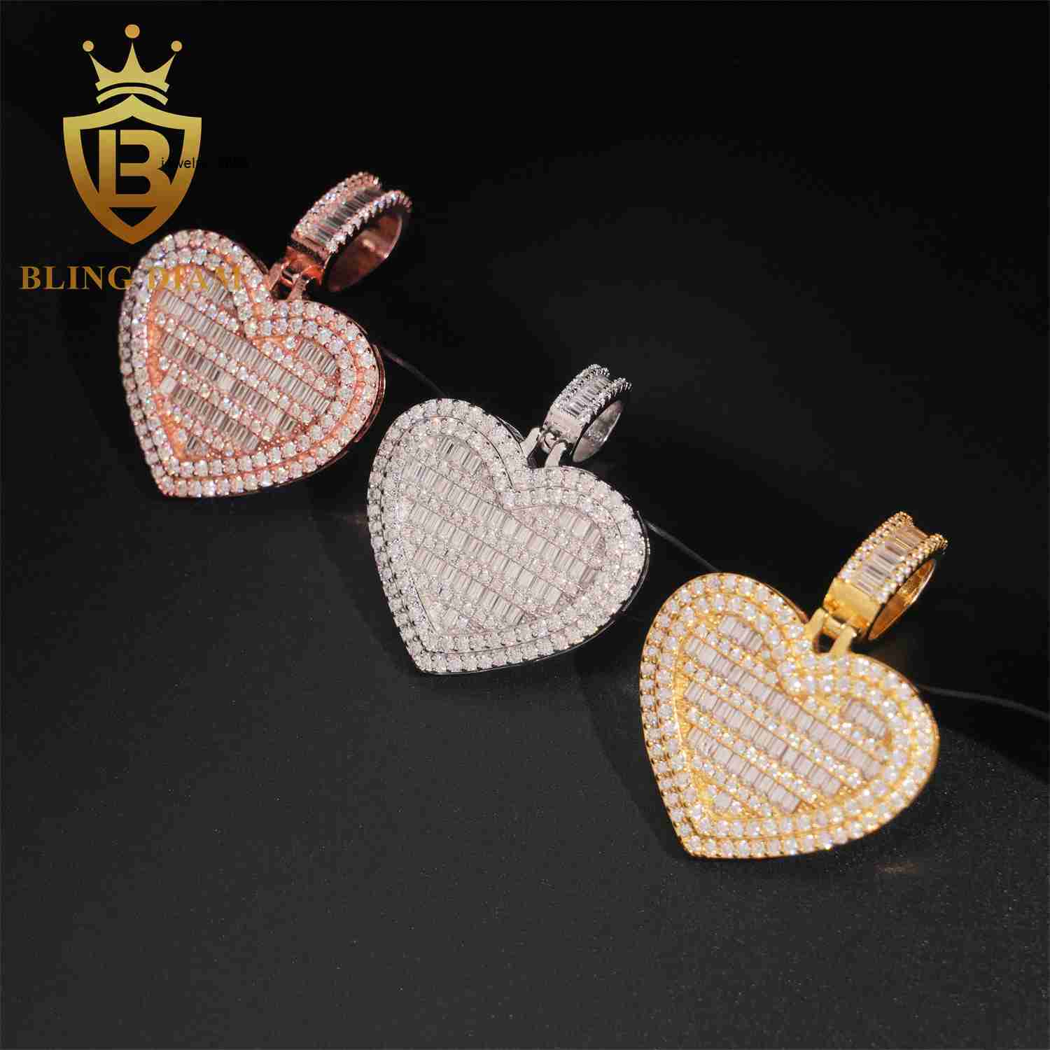 Iced Out Baguette Cut Heart Charm Pendant 925 Silver Moissanite Hip Hop Jewelry Pendant Pass Diamond Tester