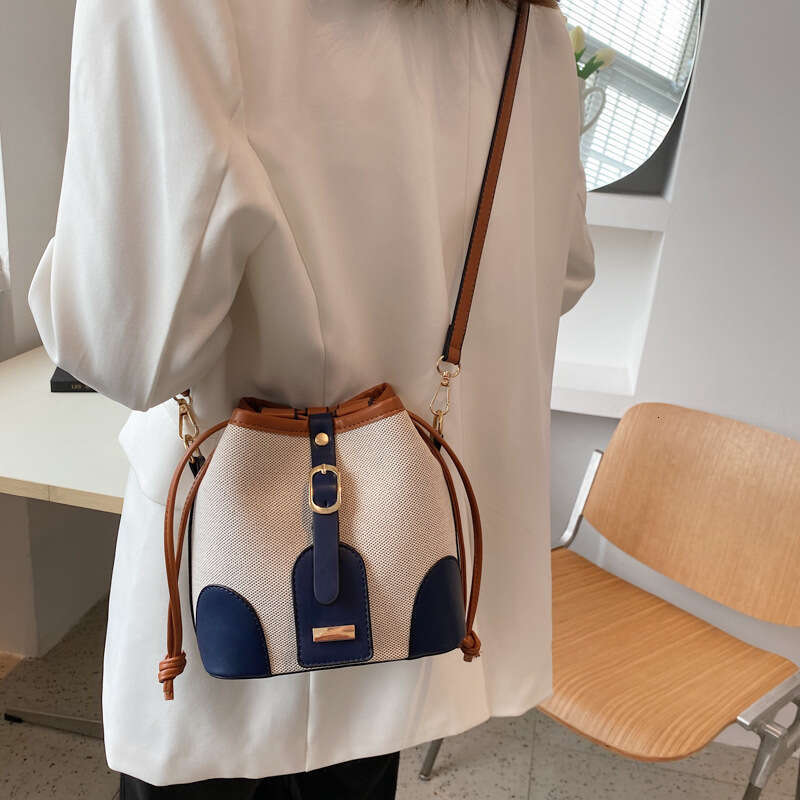 Color-Block Bucket for Women 2025 New Trendy Fashion Single Shoulder Canvas Patchwork Korean Style Textured Crossbody Bag