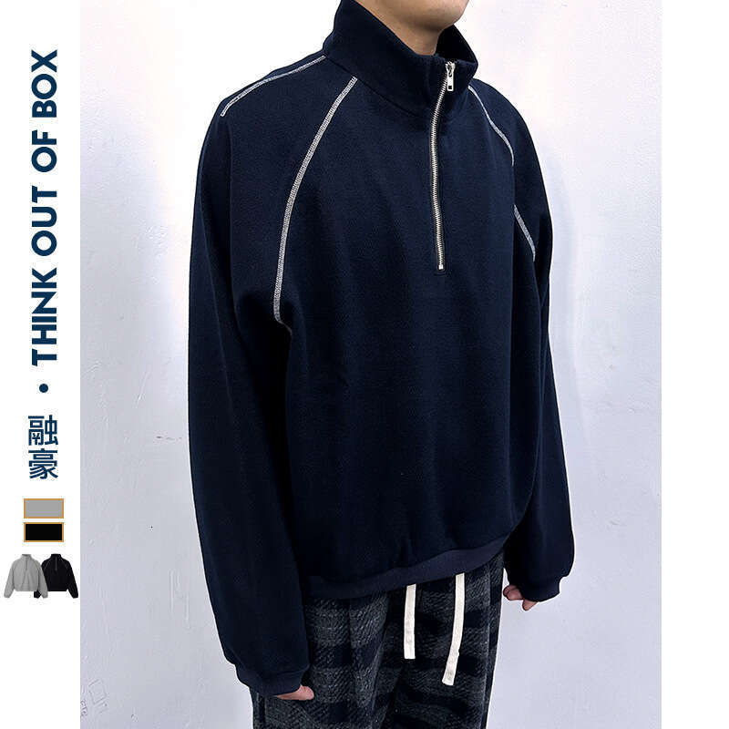 College Style Harajuku Korean Version Deconstructed Patchwork Topstitch Design Simple Loose Stand Collar Zipper Sweatshirt B5