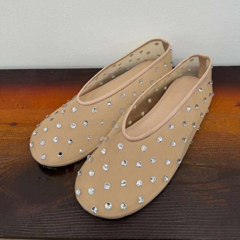 Niche Fashion Round Toe Designer Shoe Rhinestone Mary Jane Shoes for Women, Mesh Hollow Breathable Flat Comfortable Ballet Flats