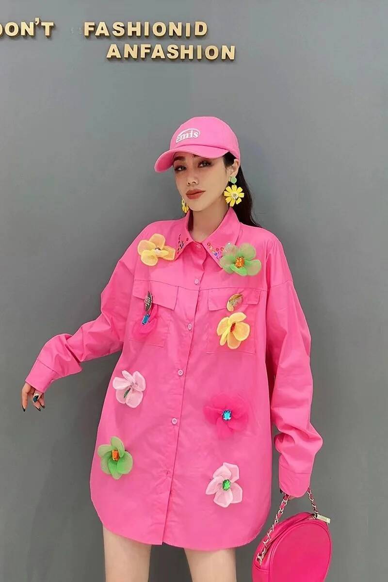 2025 Designer's New Sequins Diamond Flower Embroidery Cotton Long Oversized Women's Shirt Spring Long Sleeve Shirt Y K Top design powder blu