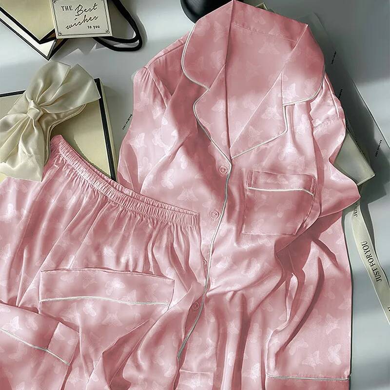 2025 Women's New Spring/Summer Sweet French Ins Style Luxury Ice design Silk Sleepwear Long Sleeve Long Pants Thin Designer Home Clothing Set