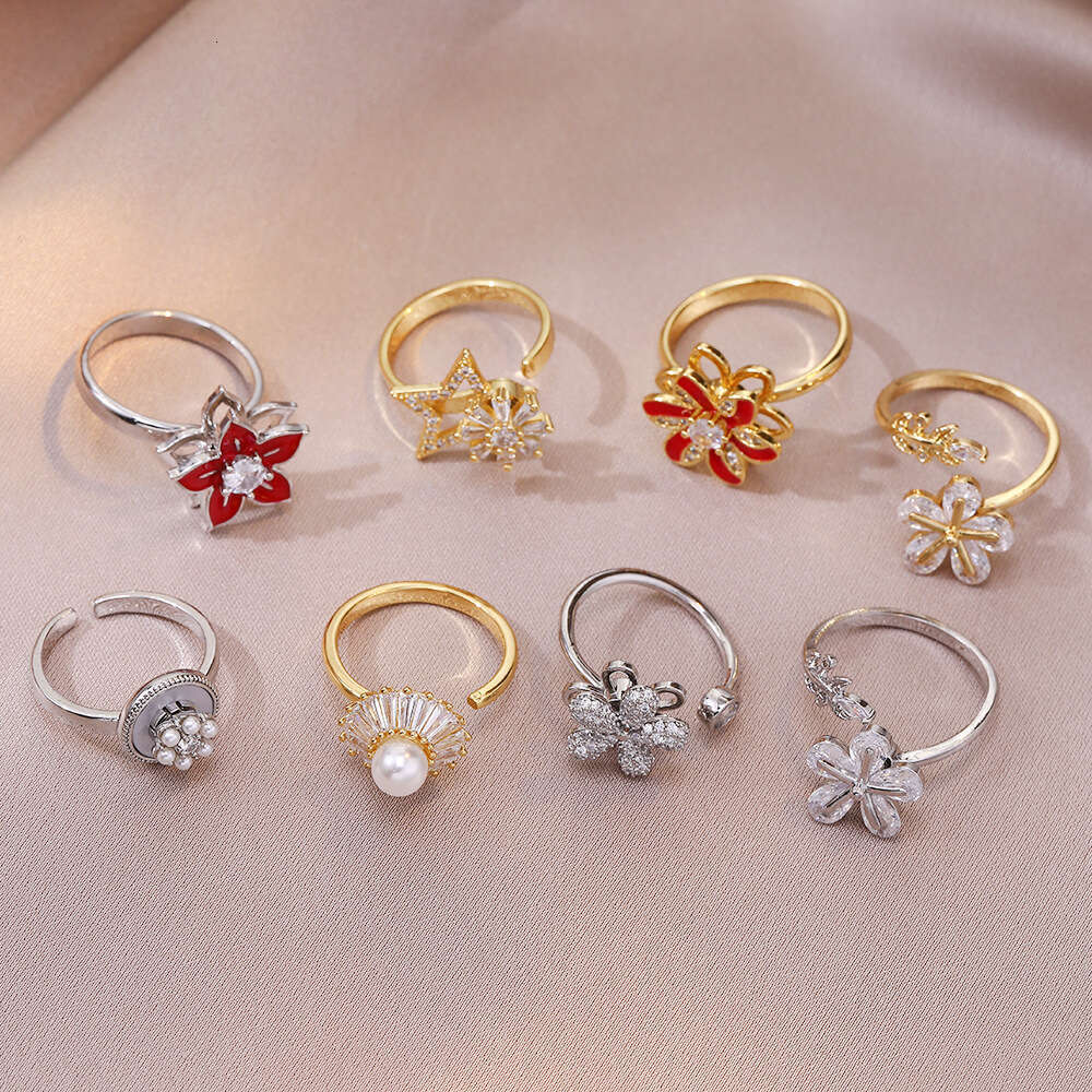 DHpet New European - American Style Flower - Shaped Rotating Zircon - Inlaid Open - End Ring for Women