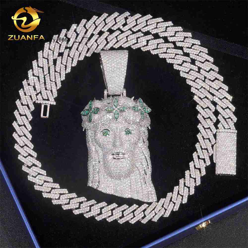 Hip Hop Style Blue Green Diamond Personalized 925 Silver Moissanite Jesus Head Pendant