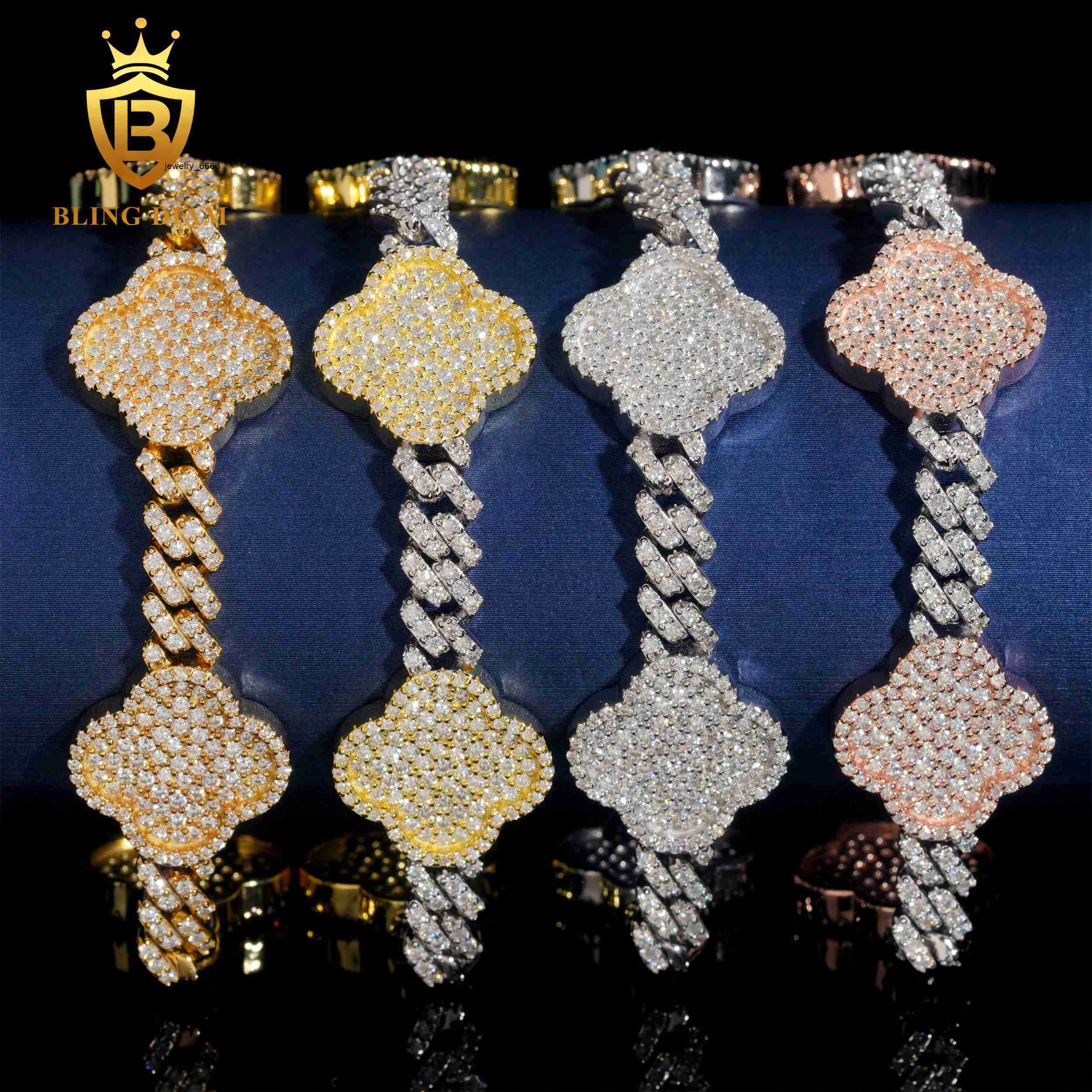 Custom 6mm Vvs Iced Out Moissanite Diamond Hip Hop Bracelet 925 Silver FourLeaf Clover Bracelet Men Women