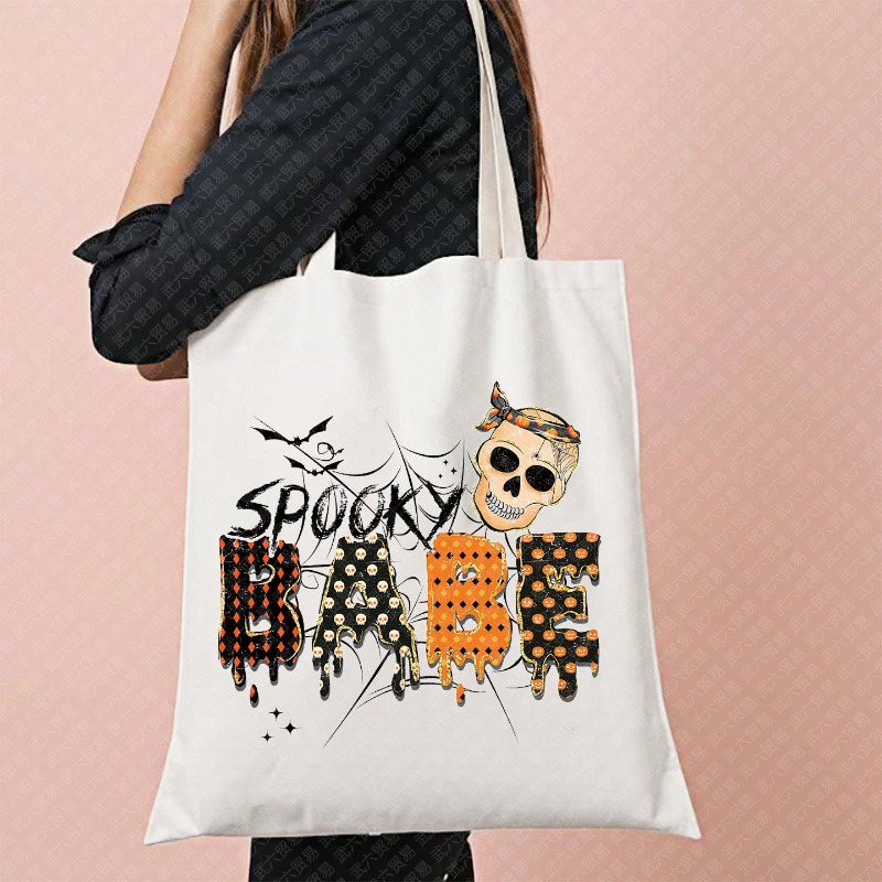 Halloween Style Canvas Tote Bag with Spooky Movie Prints for Reusable Shopping and Travel