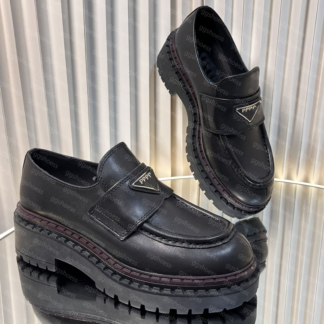 Double Chocolate Leather Loafers Designer Women Monolith Leather Oxford Loafers Luxury Cowhide Platform Dress Shoe