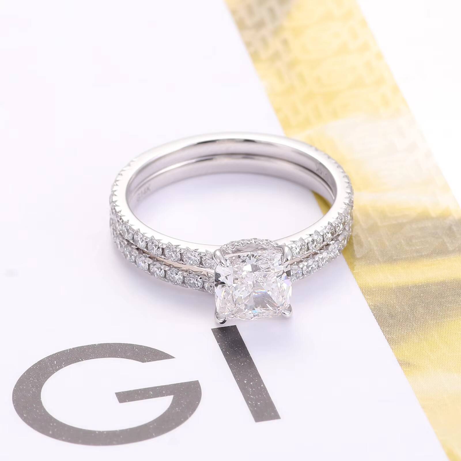 Fine Jewelry Women Custom 14K 18K White Gold Diamond Engagement and Wedding Band Ring 2ct Cushion Cut Lab Diamond Ring