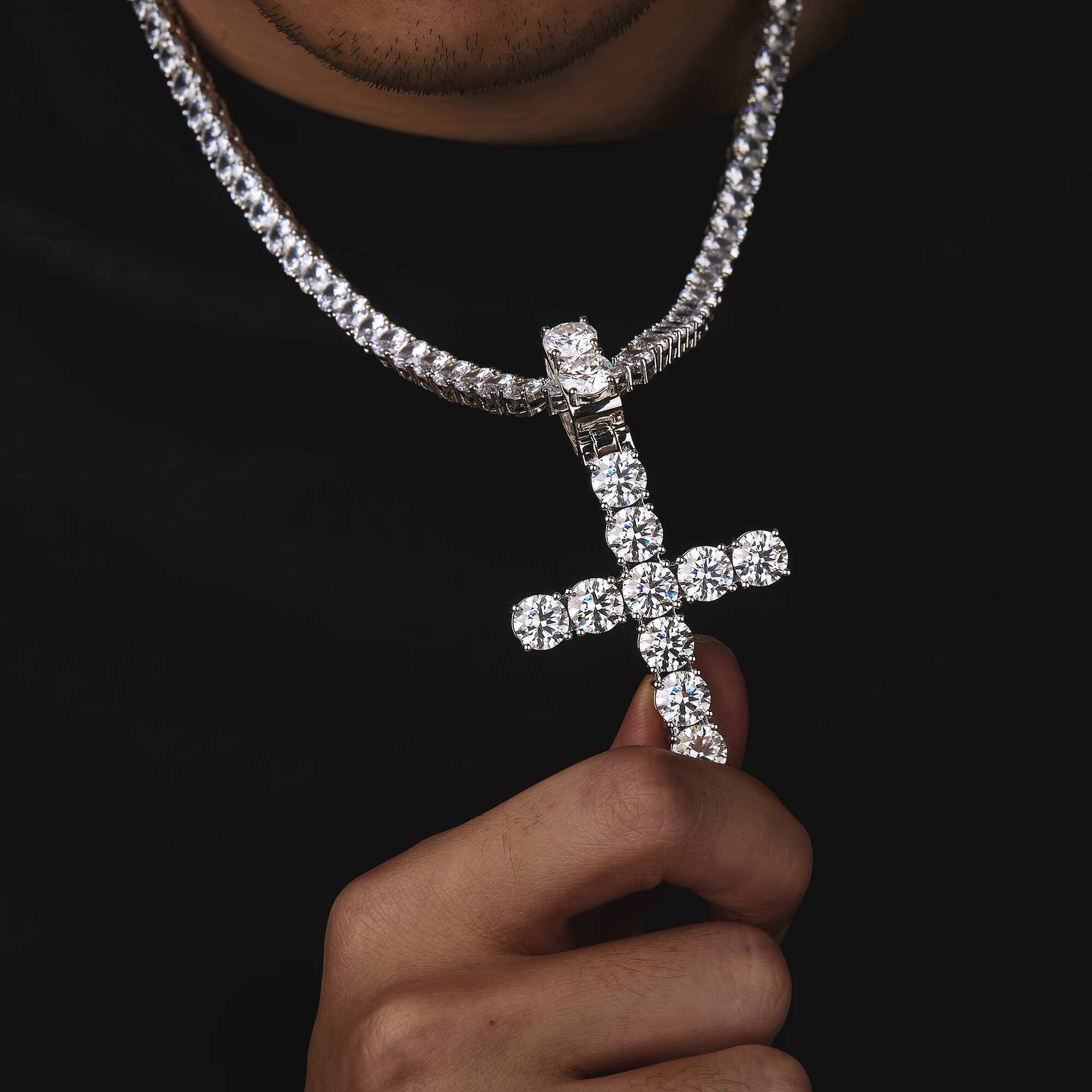 68mm 925 Sterling Silver Tennis Big Cross Necklace Moissanite Pendants and Chain for Men