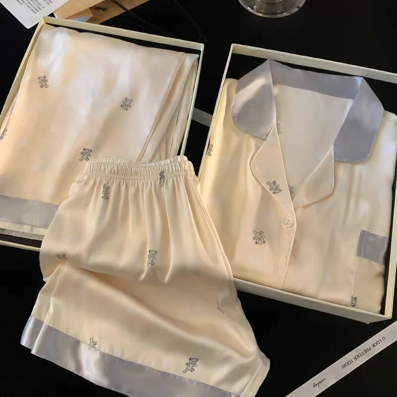 2025 Spring/Summer Women's New Ice Silk Cardigan Casual 3-Piece Pajama Set Girls' Home Pajama Short Sleeve design Bear Printed Designer Paja