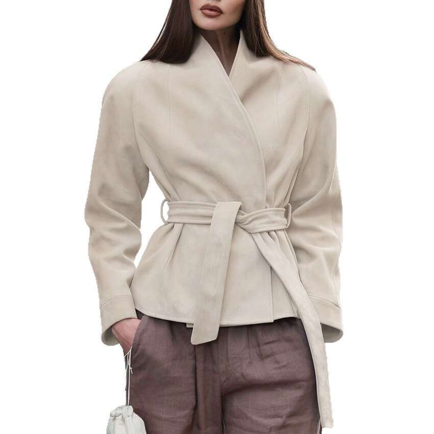 Autumn Winter New Wrap Belted Coat For Women With Design Sense, Elegant And Fashionable Suede Top B3