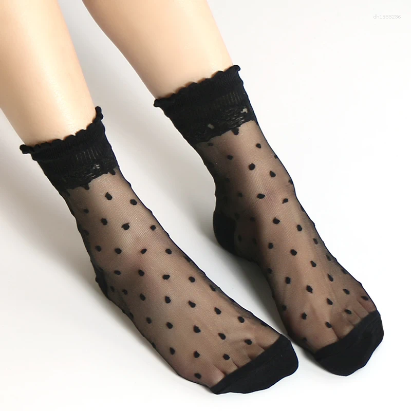 Women Socks DONG AI Invisible Summer Lace Sheer Crystal Silk Polka Dot Ankle Glass Black White Transparent Sock For Ladies