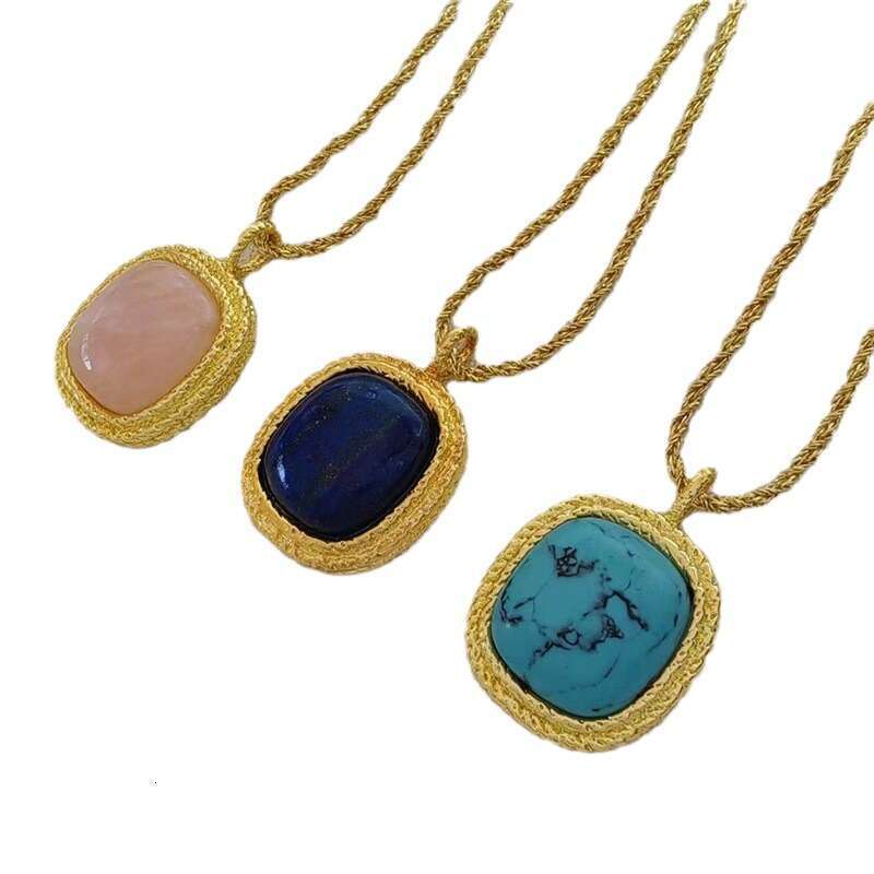 DHpet Vintage Style Aurelie Bidermann Square Pendant Inlaid with Blue Turquoise Lapis Lazuli Pink Crystal Sweater Chain