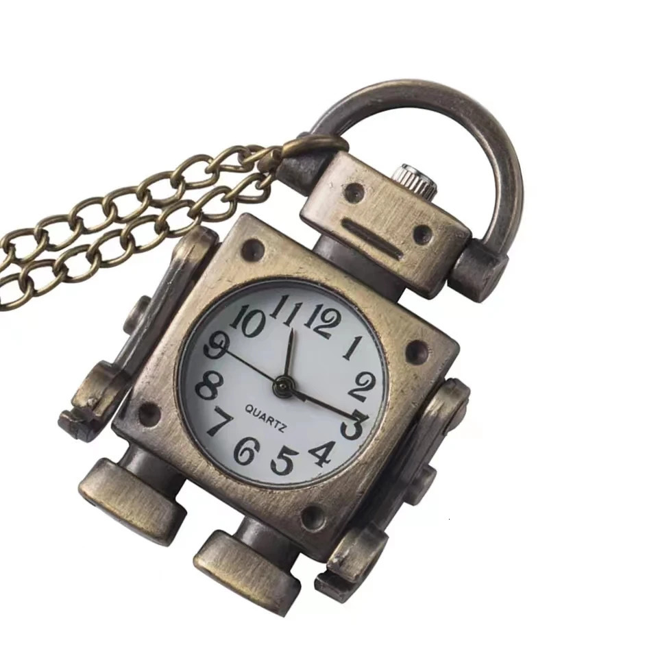 Vintage robot shape Arabic numerals round dial quartz pocket watch pendant decorated with cute keychain bag charm for a party 250906