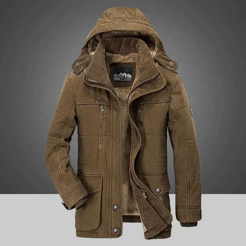 Parka Outdoor Mens Winter Jacket Plus Velvet Thick Warm Multi Pocket Jackets Solid Parkas Male Zipper Coat Large Size Clothing W250906