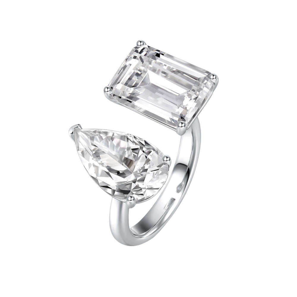 jewelry rings S925 Silver Twin stone Pear shaped Drop and Square cut Diamond set Open ring