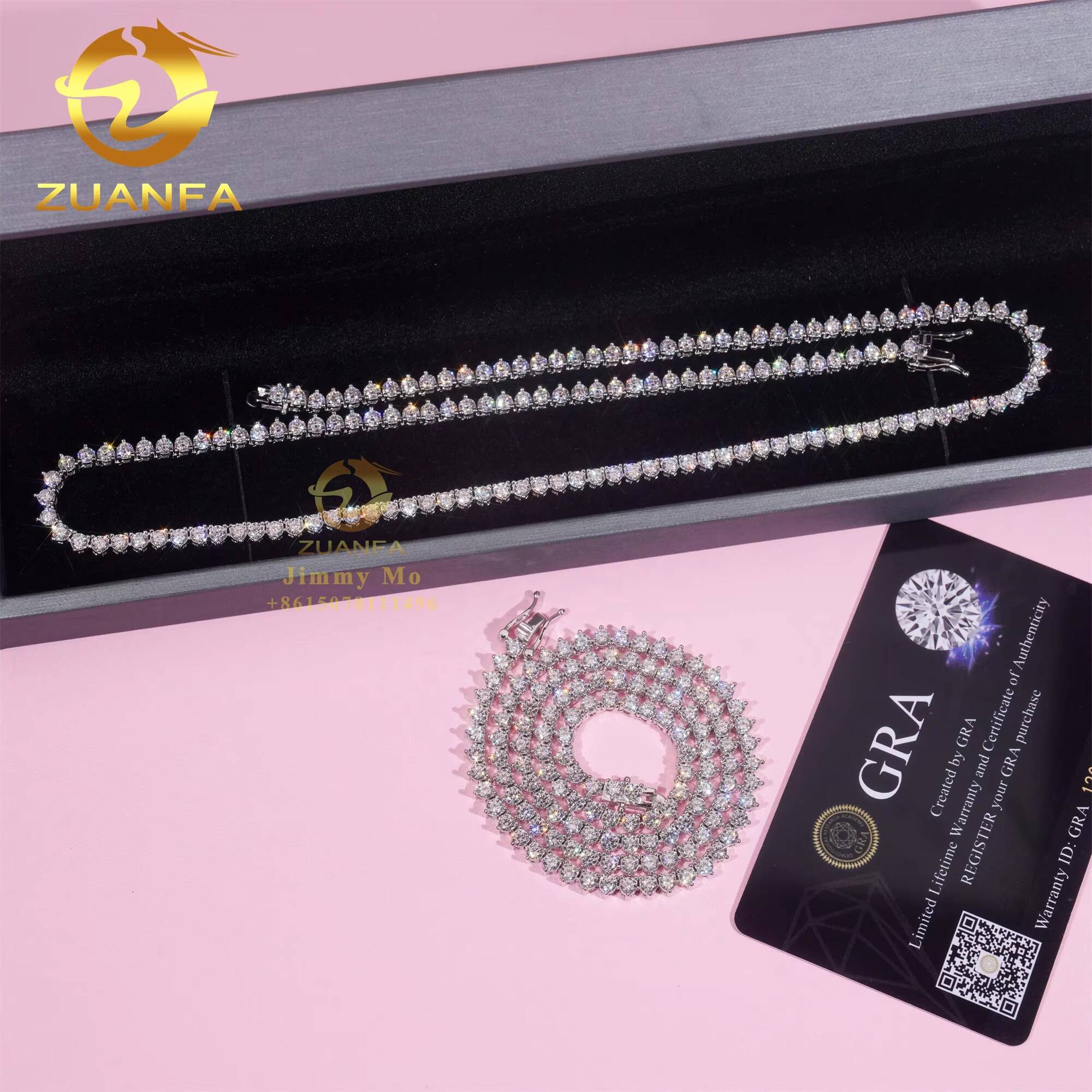 Stock Elegant Style Female 3 Claws Prong Setting 925 Sterling Silver Hip Hop Jewelry Moissanite VVS Diamond Cluster Tennis Chain