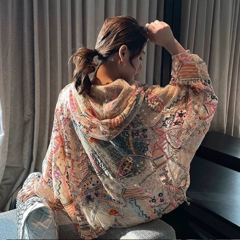 2025 new women's sequined hooded jacket design jacket, thin bead baseball cardigan, sun protection zipper bomb jacket, pink designer shiny mesh p