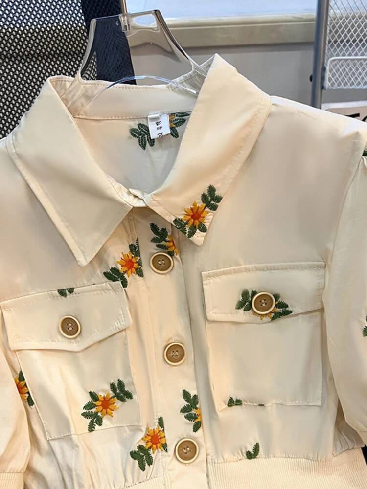 2025 New design French Elegant Shirt with Fluffy Sleeves, Embroidered Single breasted Open Umbilical Top, Aesthetic Design for Summer Women's S C