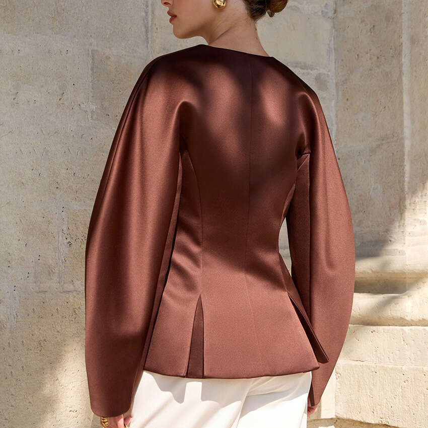 Autumn Winter New V-Neck Waist-Cinching Shirt Women With Design Sense, Elegant Fashion Satin Blouse For Commuting B3