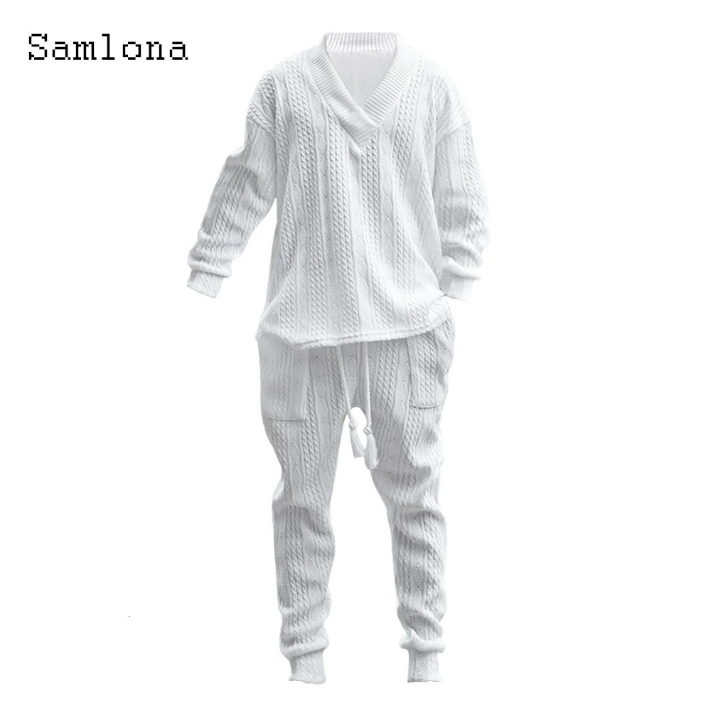Mens Casual Knitting Two Piece Sets Winter Fashion Irregular Top Sweater and Solid White Sweatpants Male Tracksuits Set 250906