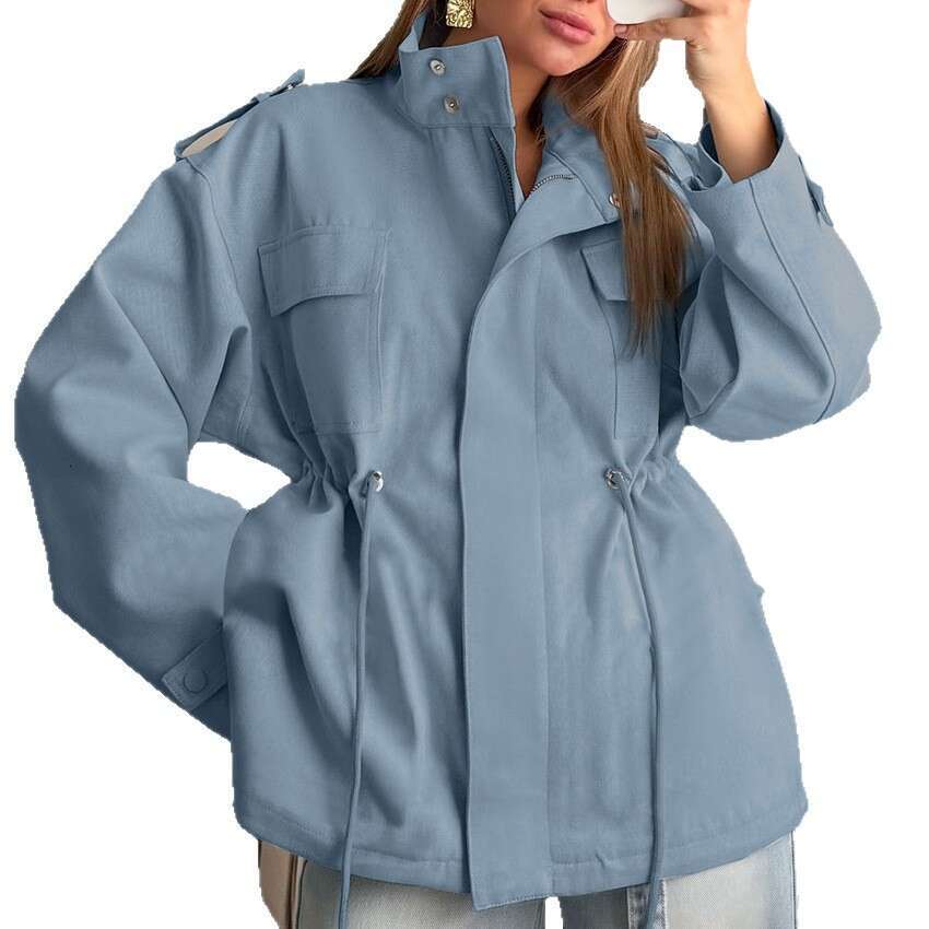 Autumn Winter New Cotton High Collar Waist Drawstring Long Sleeve Coat Women Design Sense Temperament Fashion Commuting B3